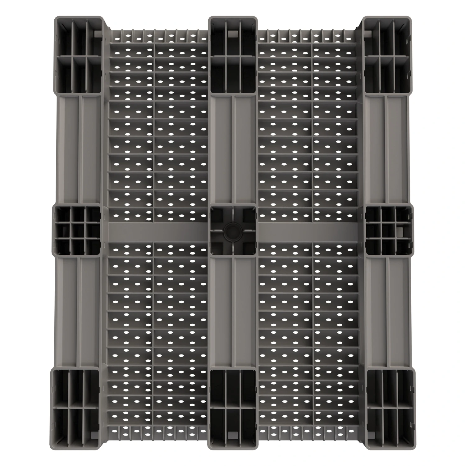Купить пластиковый паллет 1200x1000x150 мм серый перфорированный на 3 полозьях без бортика оптом - код товара 8-000000345