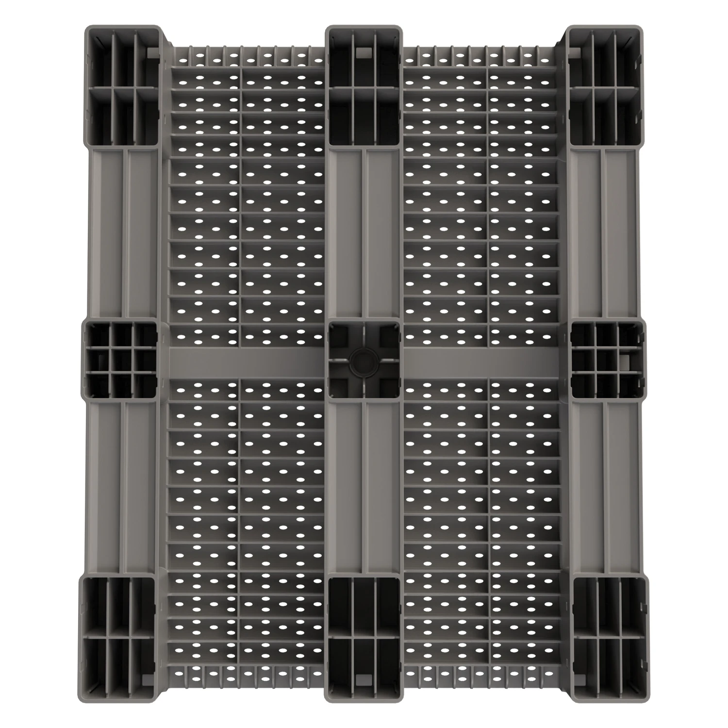 Купить пластиковый паллет 1200x1000x150 мм серый перфорированный на 3 полозьях с бортиком оптом - код товара 8-000000346